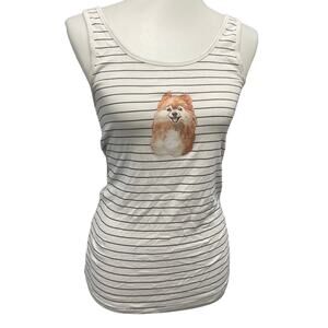 Hand Printed Upcycled Womens Large Pomeranian Puppy Dog Striped Tank Top